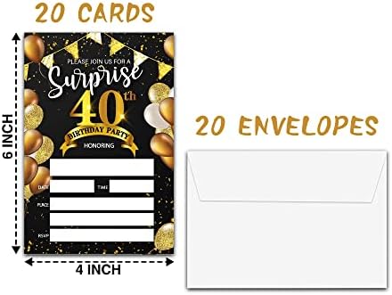 הפתעה הזמנות למסיבת יום הולדת 40 עם מעטפות | 4 x6 כרטיסי הזמנה ליום הולדת שחור וזהב | סגנון מילוי